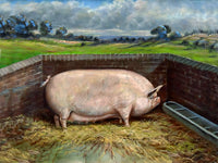 Fine Oleograph on Canvas of a Prize Pig in a Stable Yard