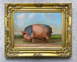 Fine Oleograph on Canvas Portrait of a Prize Pig in a Yard