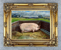 Fine Oleograph on Canvas of a Prize Pig in a Stable Yard