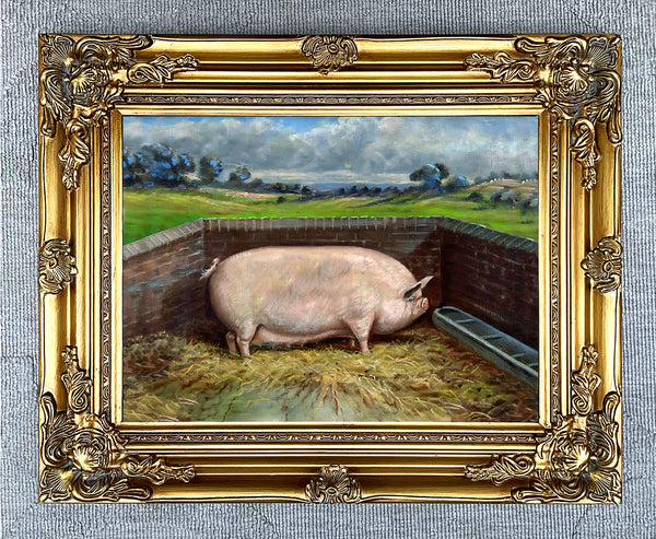 Fine Oleograph on Canvas of a Prize Pig in a Stable Yard