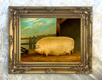 Fine Oleograph on Canvas of a Prize Pig in a Stable Yard