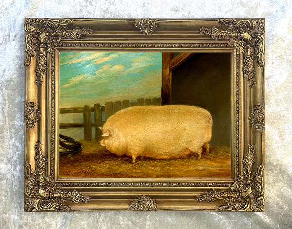 Fine Oleograph on Canvas of a Prize Pig in a Stable Yard