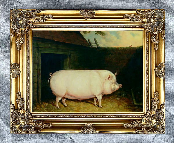 Fine Oleograph on Canvas Portrait of a Prize Pig in a Stable