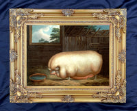 Fine Oleograph on Canvas Portrait of a Prize Pig in a Stall