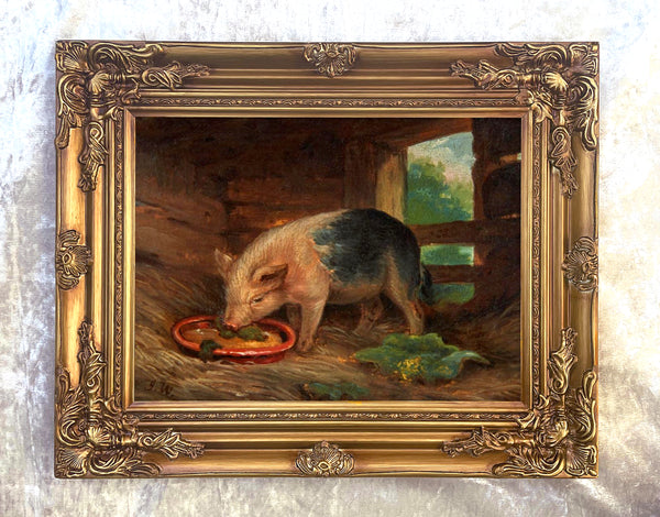 Fine Oleograph on Canvas Portrait of a Prize Pig Feeding