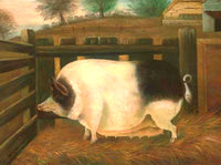 Fine Oleograph on Canvas Portrait of a Prize Pig in a Farm Yard