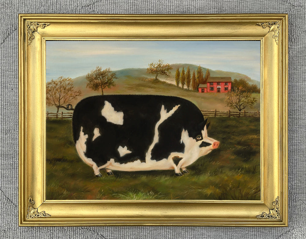 Fine Oleograph on Canvas - Naive Portrait of a Prize Pig in a Stable Yard
