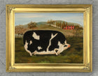 Fine Oleograph on Canvas - Naive Portrait of a Prize Pig in a Stable Yard