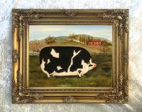 Fine Oleograph on Canvas - Naive Portrait of a Prize Pig in a Stable Yard