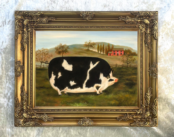 Fine Oleograph on Canvas - Naive Portrait of a Prize Pig in a Stable Yard