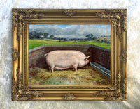 Fine Oleograph on Canvas of a Prize Pig in a Stable Yard