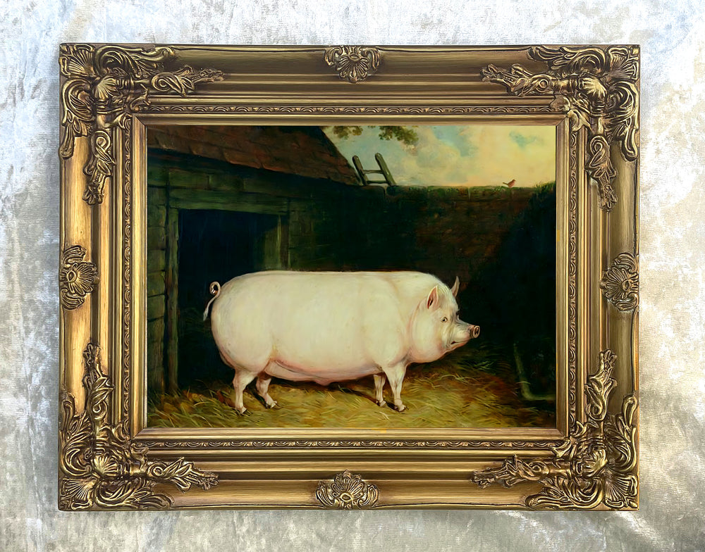 Fine Oleograph on Canvas Portrait of a Prize Pig in a Stable