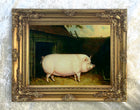 Fine Oleograph on Canvas Portrait of a Prize Pig in a Stable