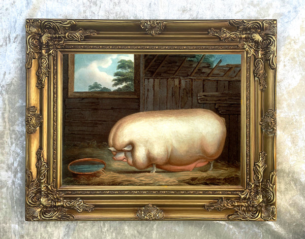 Fine Oleograph on Canvas Portrait of a Prize Pig in a Stall