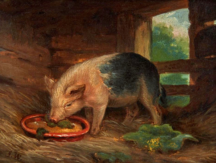 Fine Oleograph on Canvas Portrait of a Prize Pig Feeding