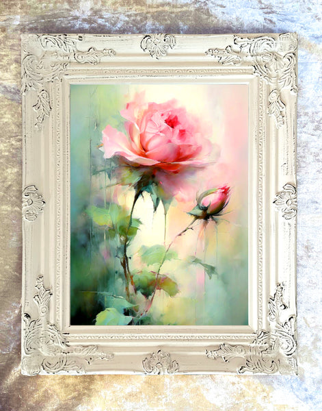 Exquisite Oleograph on Canvas Still Life of a Single Pink Rose