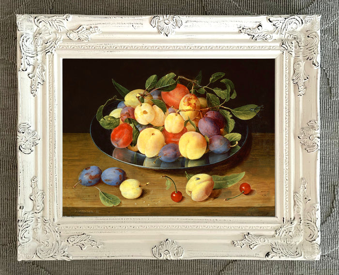 Beautiful Oleograph on Canvas Still Life of Plums & Peaches on a Pewter Plate