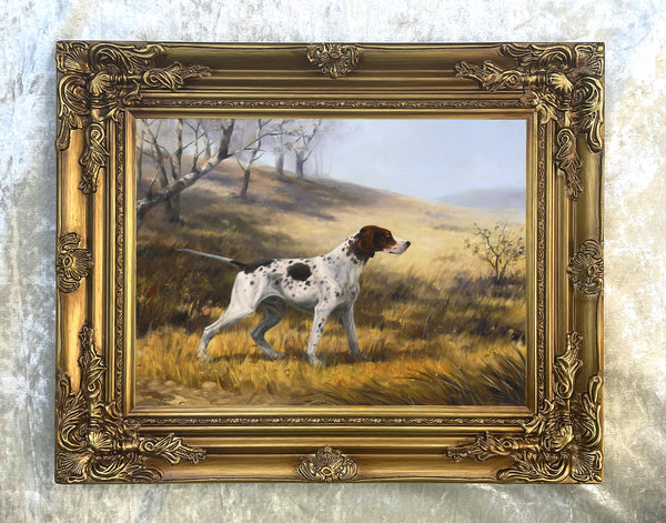 Gilt Framed Oleograph of an English Pointer in a Rural Landscape