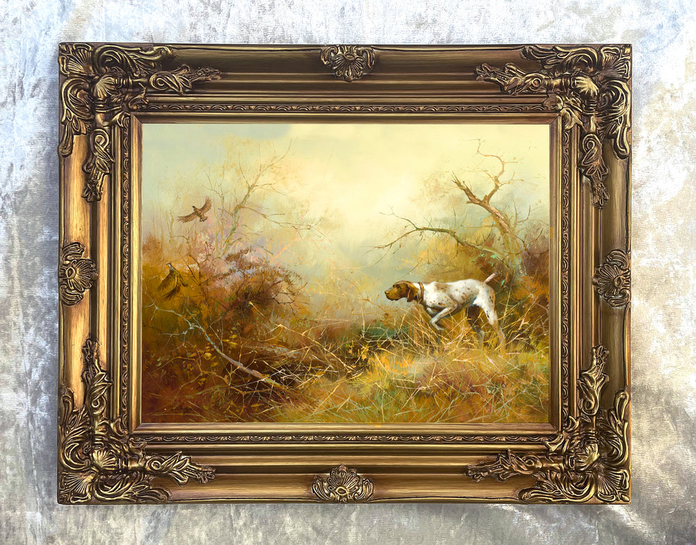 Fine Gilt Framed Oleograph of an English Pointer Putting up Game