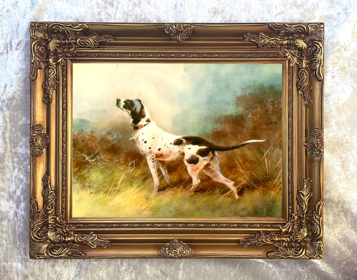 Ornate Gilt Framed Oleograph of a Pointer in a Moorland Landscape