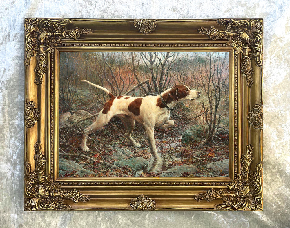 Fine Oleograph on Canvas - English Pointer on Point in an extensive Landscape