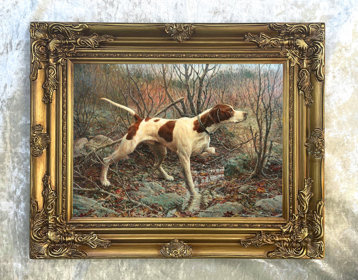Fine Oleograph on Canvas - English Pointer on Point in an extensive Landscape