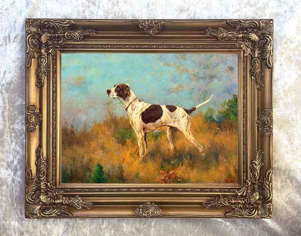 Gilt Framed Oleograph of an English Pointer in a Landscape