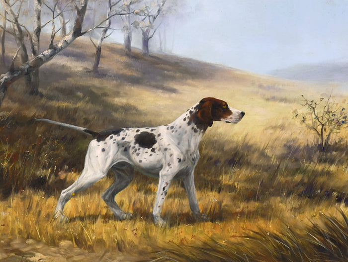 Gilt Framed Oleograph of an English Pointer in a Rural Landscape