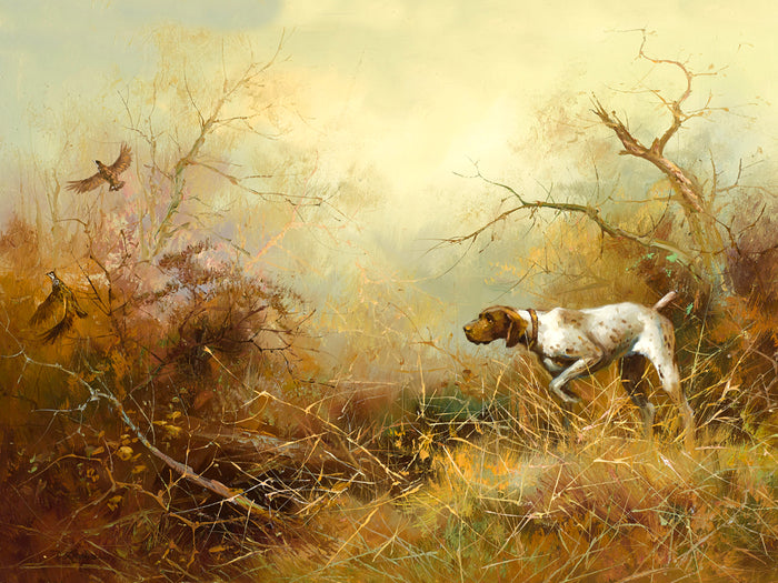 Gilt Framed Oleograph of an English Pointer Putting up Game