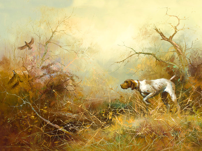 Fine Gilt Framed Oleograph of an English Pointer Putting up Game