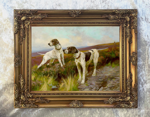 Fine Oleograph on Canvas of English Pointers in a Landscape "On Point"