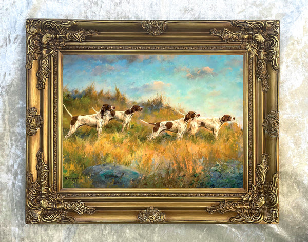 Framed Oleograph of  4 Pointers in a Moorland Landscape