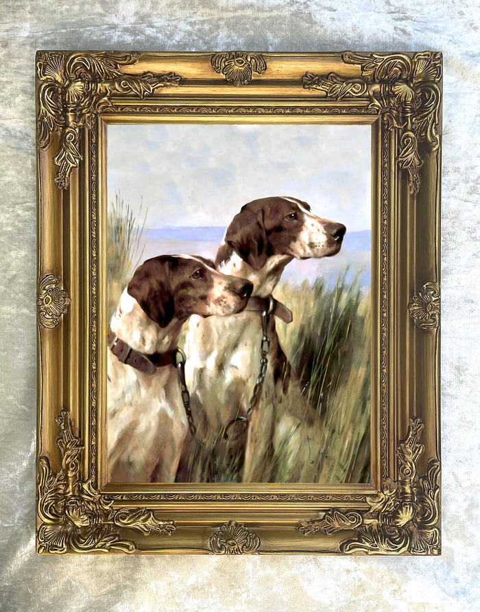 Framed Oleograph of  a Pair of Pointers in a River Landscape