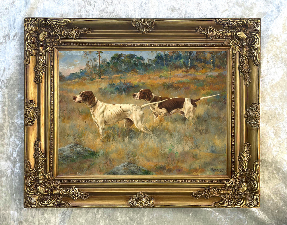 Fine Oleograph on Canvas - A Pair of Pointers in a Moorland Landscape after P.L.Rosseau