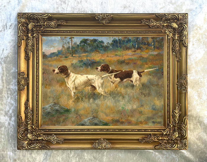 Fine Oleograph on Canvas - A Pair of Pointers in a Moorland Landscape after P.L.Rosseau