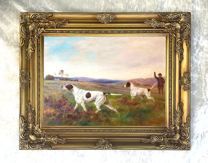 Fine Gilt Framed Lithograph - Pair of Pointers at work in a Landscape