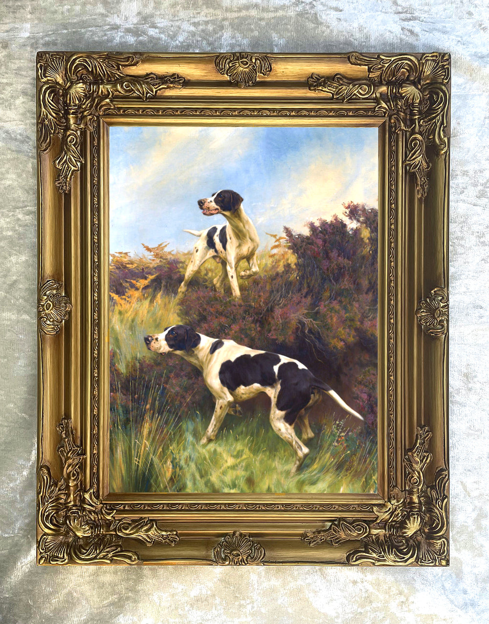 Fine Oleograph on Canvas - A Pair of Pointers in a Moorland Landscape on point