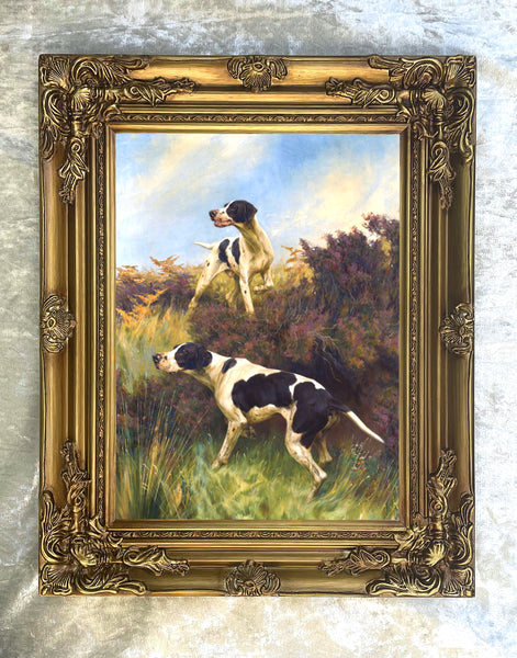 Fine Oleograph on Canvas - A Pair of Pointers in a Moorland Landscape on point