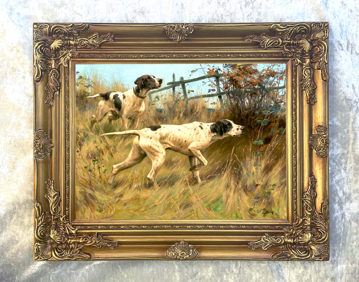 Gilt Framed Lithograph of Pointers in a Rural Landscape