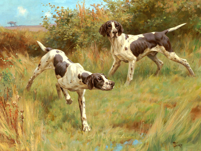 Fine Oleograph on Canvas - A Pair of Pointers at Work in the Field