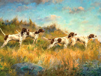 Framed Oleograph of  4 Pointers in a Moorland Landscape