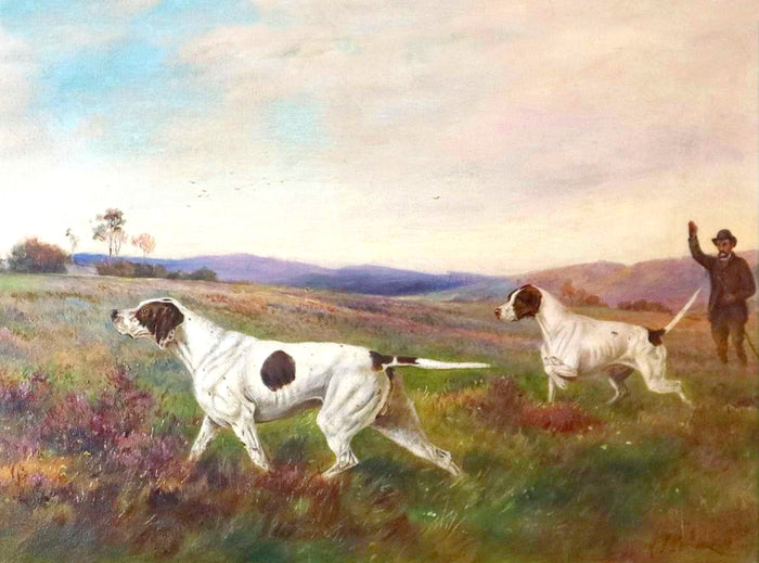 Fine Gilt Framed Lithograph - Pair of Pointers at work in a Landscape