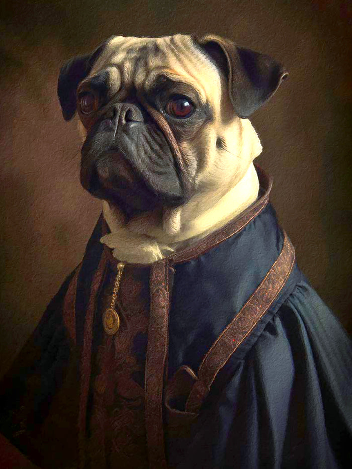 Fine Oleograph on Canvas of a a well dressed Pug 