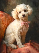 Ornate Framed Oleograph on Canvas - Poodle on a Velvet Chair
