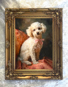 Ornate Framed Oleograph on Canvas - Poodle on a Velvet Chair