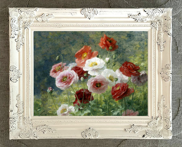 Beautiful Still Life Oleograph on Canvas - A Cluster of Poppies