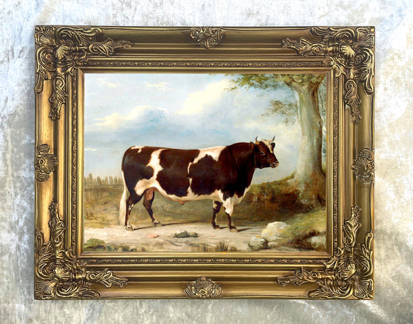 Fine Oleograph on Canvas of a Prize Bull in a Landscape