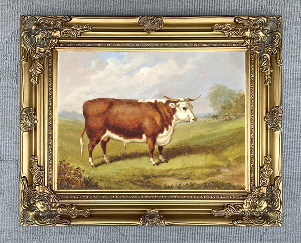 Gilt Framed Oleograph of a Prize Bull in a Landscape