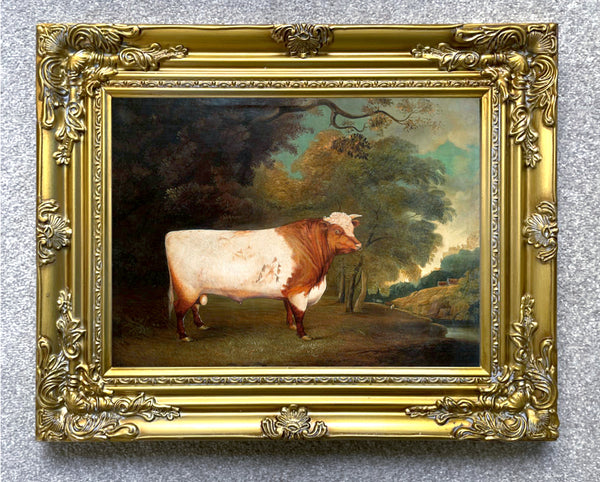 Oleograph on Canvas of a Prize Bull in a Field in a Gilt Gesso Frame