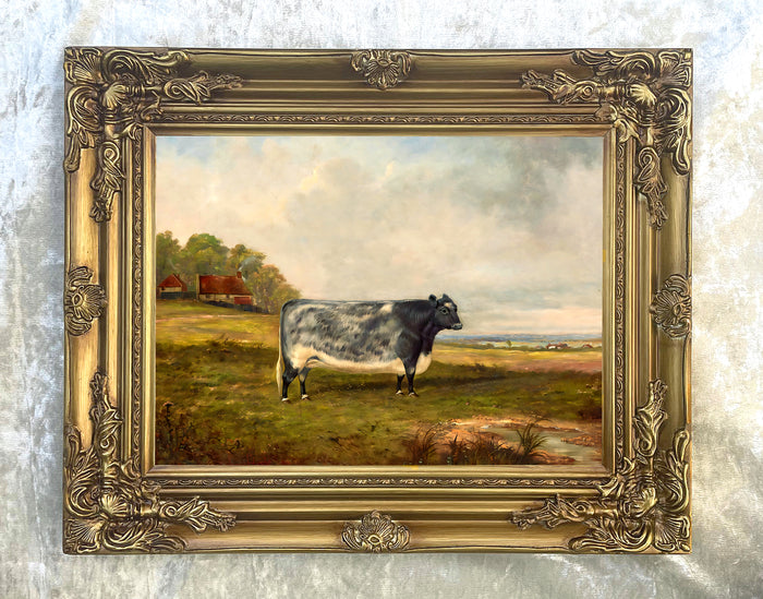 Gilt Framed Oleograph of a Prize Cow in a Rural Landscape